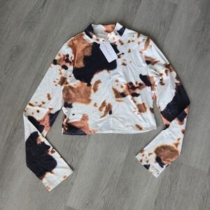Long Sleeve Crop Top - Black and Brown Cow Print